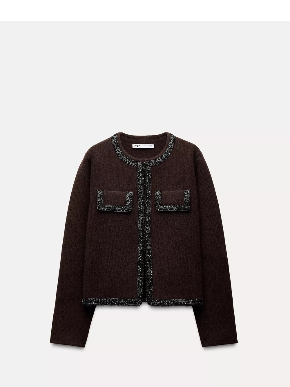 Zara Dark Brown Tweed-Trim Boxy Jacket with beading 100% wool